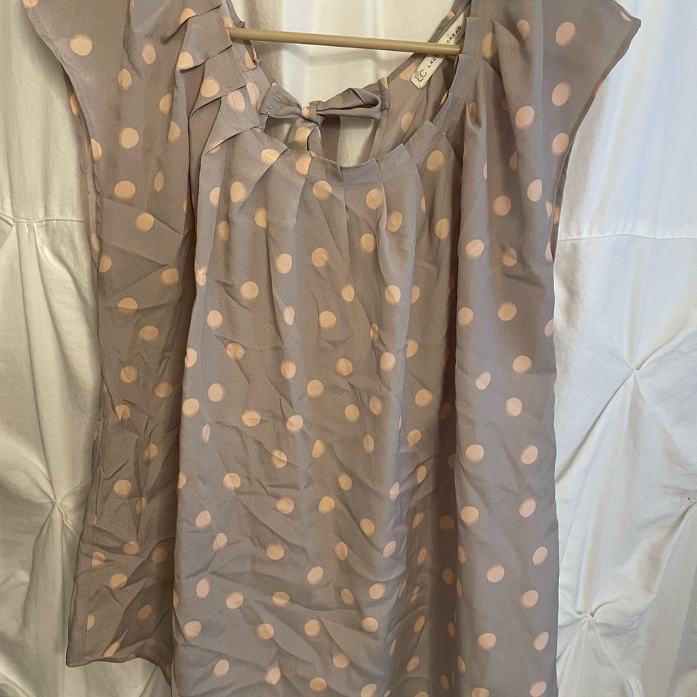 LC Lauren Conrad Gray and Pink Polka Dot Blouse
